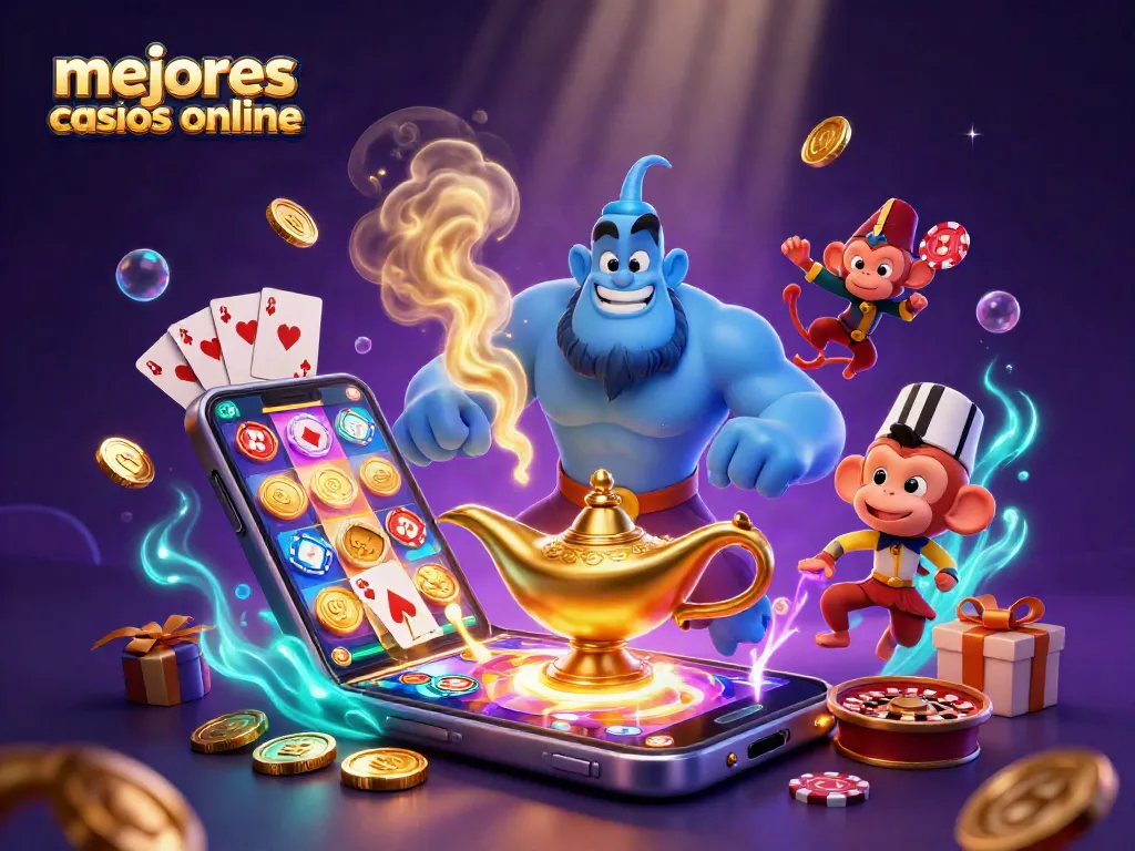 En esta ilustración, descubre los mejores casinos online con un genio y un mono, rodeados de tragamonedas y juegos de azar.