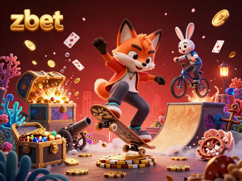 Experience the excitement at zbet with a skateboarder fox and BMX rabbit in a dynamic casino scene.
