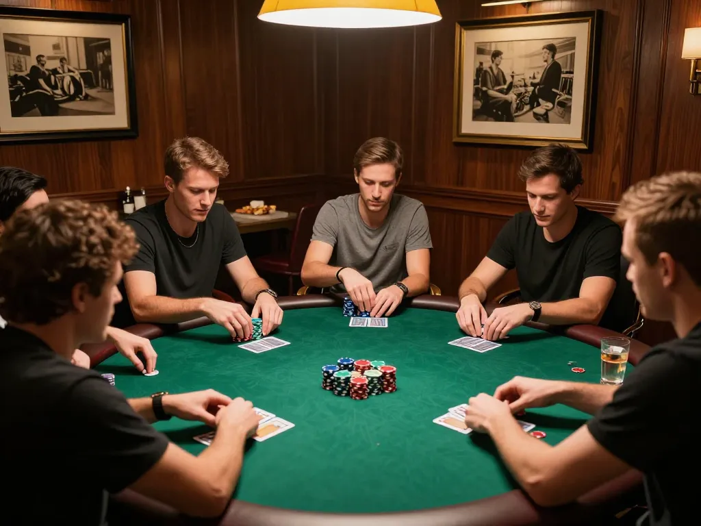 C204 poker game in private home setting with players strategic betting and colorful chips.