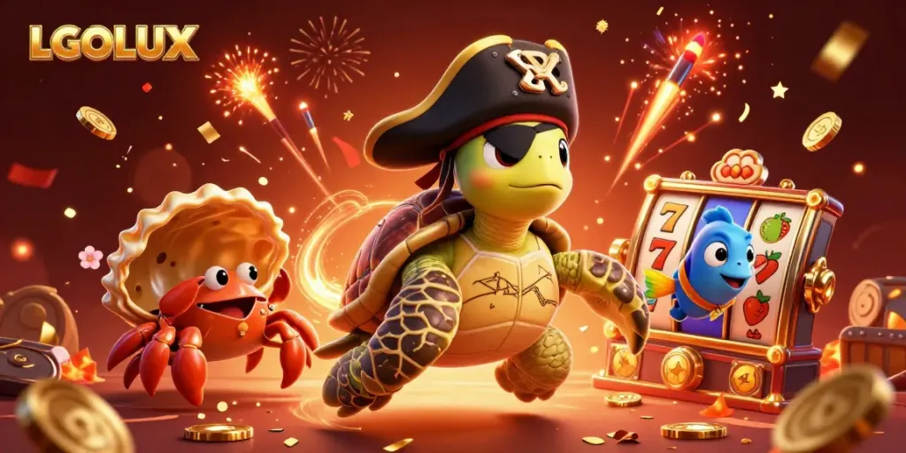 Join the thrilling LGOLUX adventure with a pirate turtle and friends celebrating casino wins amidst vibrant visuals.