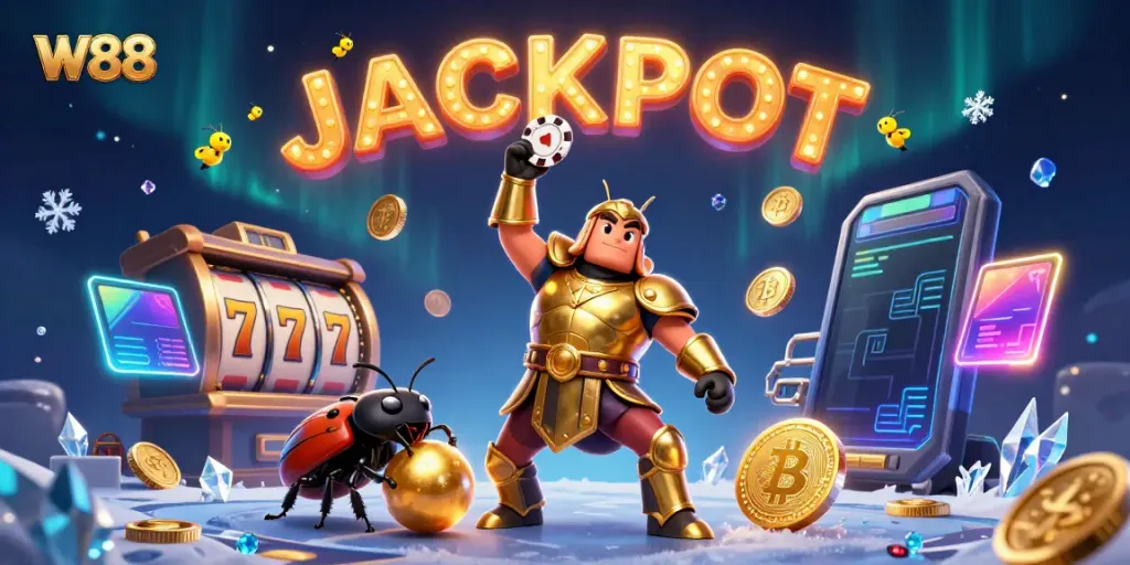 W88 online casino features a victorious beetle character amidst slot reels and cryptocurrency elements, enhancing the gaming experience.