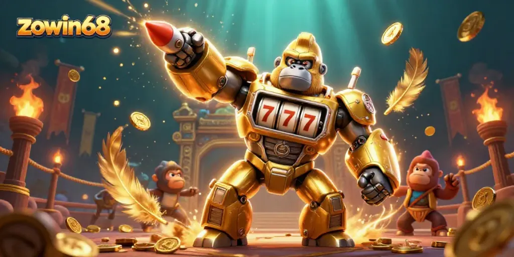 Elevate your gaming with zowin68's exciting 3D illustration of a robot gorilla mech amidst casino-themed elements.
