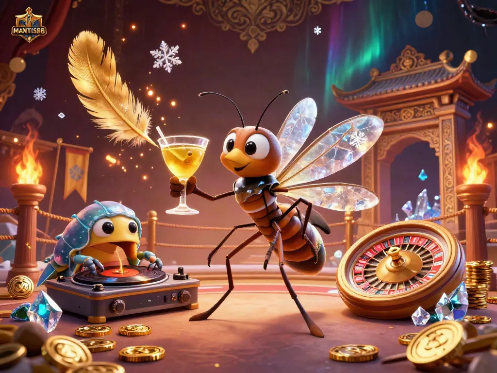 MANTIS88 casino mascot capturing attention with a frozen mosquito, trilobite DJ, and golden roulette wheel.