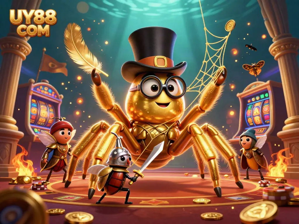 Experience thrilling casino action with UY88 COM featuring a golden tarantula and knight in an engaging gaming environment