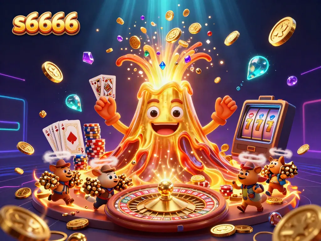 Experience thrilling gameplay and wins at s6666, featuring a triumphant golden volcano and treasures cascading in a dynamic casino scene.