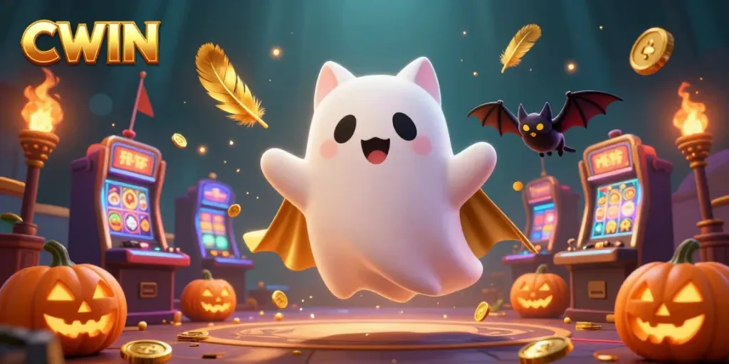 Experience the thrilling ambiance of CWIN's casino with ghost cat and vampire bat companions amidst glowing jack-o-lanterns.