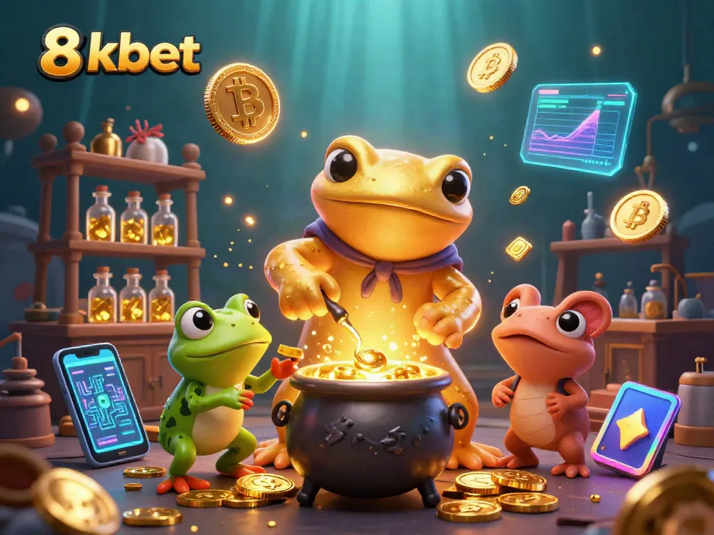 Experience gaming thrills at 8xbet with a vibrant 3D casino scene filled with gold and crypto elements.