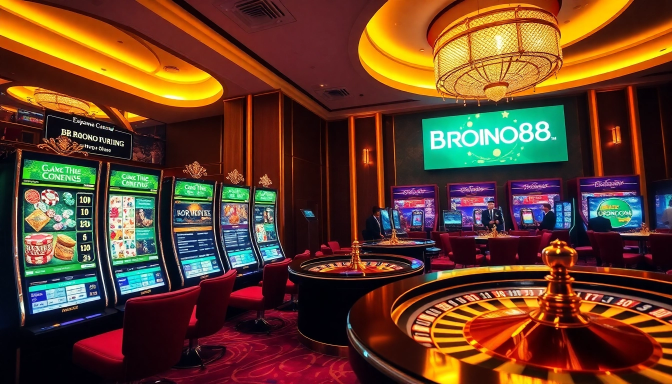 Engage with BROMO888's thrilling online casino experience featuring vibrant slot machines and poker chips.