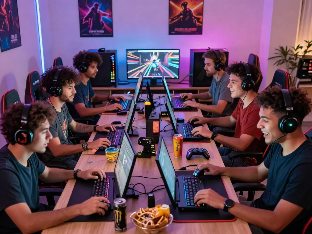 Men enjoying an online game session showcasing teamwork and excitement at Manclub.