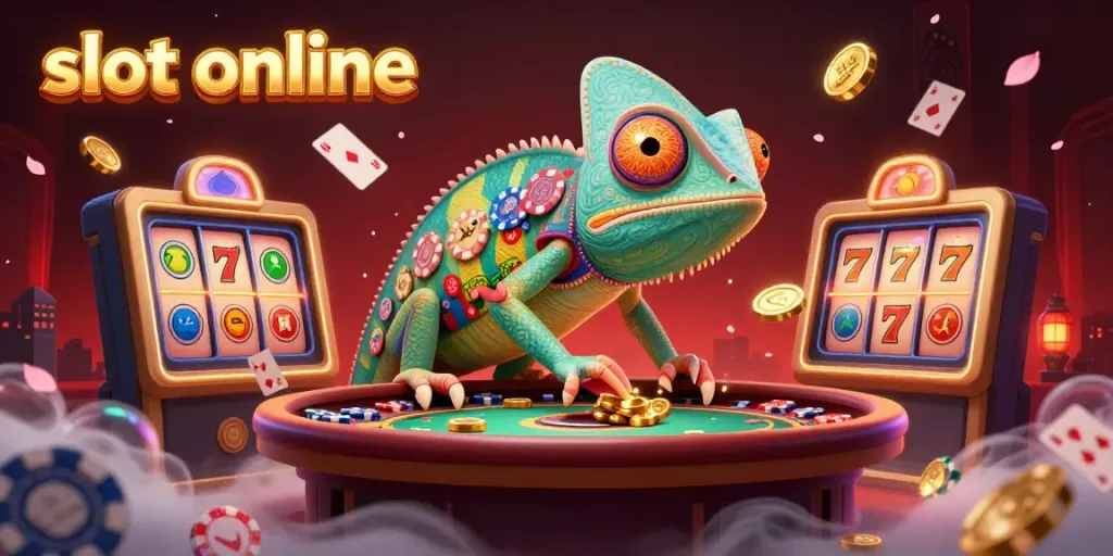 Experience exciting slot online action with a lively chameleon casino owner and vibrant gaming elements.
