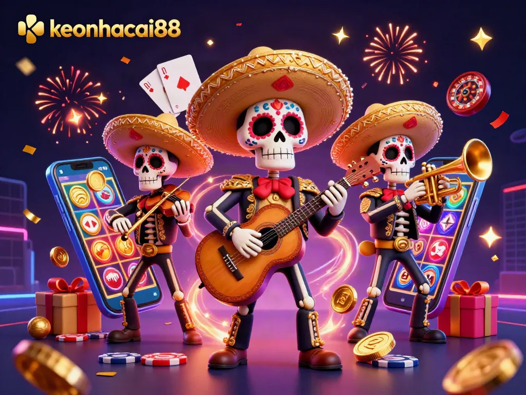 Join the vibrant celebration of gambling strategies with keonhacai88's dynamic casino scene featuring mariachi characters.