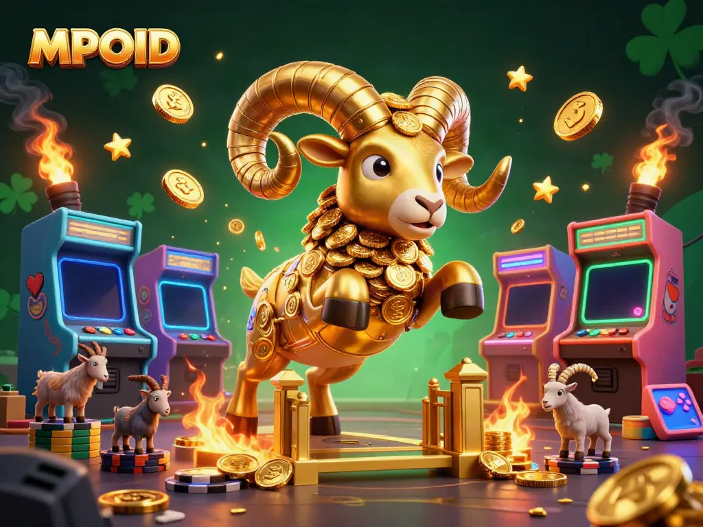 MPOID presents an engaging 3D scene with a golden ram charging at a gate, surrounded by colorful game elements.