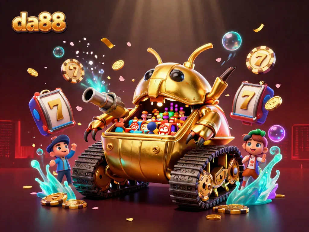 Experience thrilling gameplay at da88 with a vibrant casino scene featuring a golden beetle tank showcasing flashing slot machines.