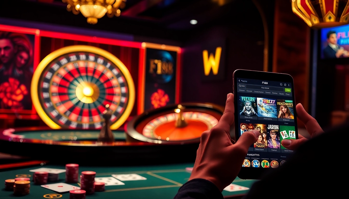 Engage with the Fi88 app through a luxurious casino atmosphere featuring poker, roulette, and vibrant gaming elements.