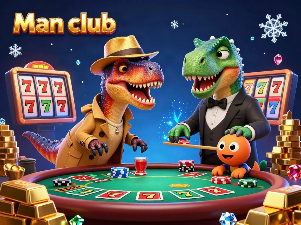 Experience the thrill of the Man club with a velociraptor card counter at a blackjack table, excitement in the air.