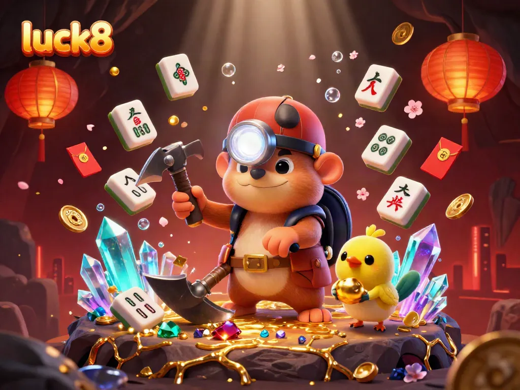 luck8 showcases a treasure hunter mole amidst glowing gems and golden symbols in a vibrant casino scene