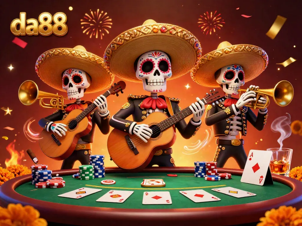 Engage with da88's vibrant casino scene featuring mariachi skeletons celebrating with poker tables and chips.