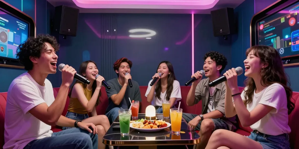 다낭 가라오케에서 즐겁게 노래하는 친구들, 화려한 조명과 세련된 인테리어로 다낭 밤문화 경험