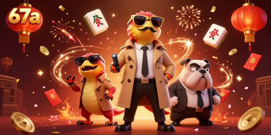 Experience the thrill of 67a casino with raptors in disguise and a bulldog bouncer, vibrant casino elements.