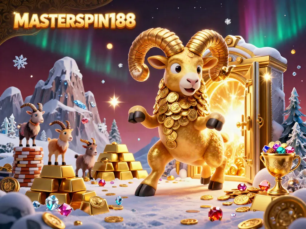 Experience the thrill of MASTERSPIN188 with a golden ram charging towards jackpot riches and treasures.