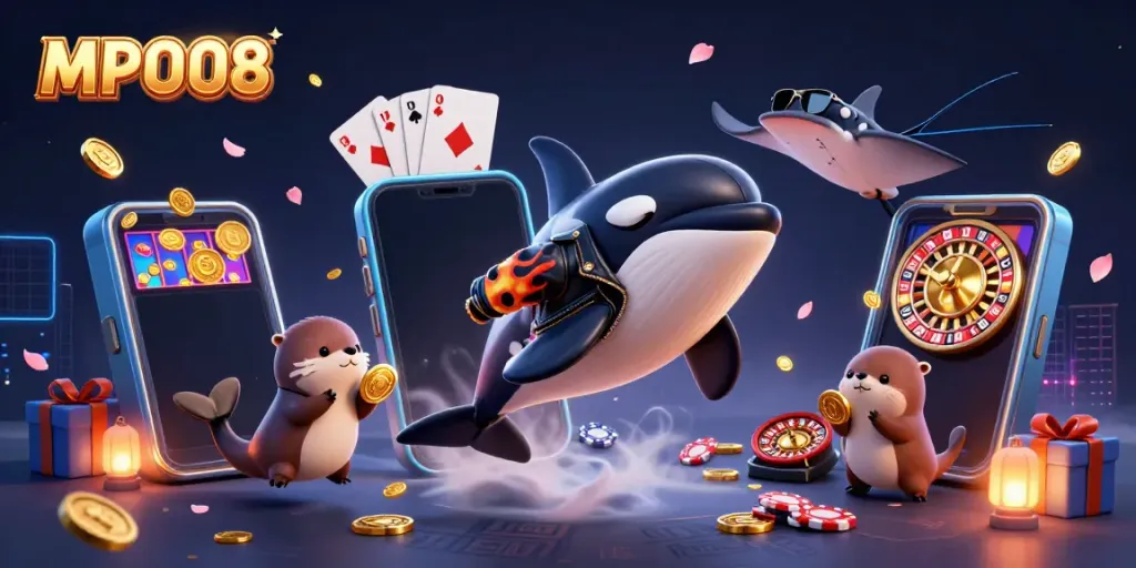 MPO08 illustrates a vibrant casino scene with characters enjoying gaming elements and golden coins.