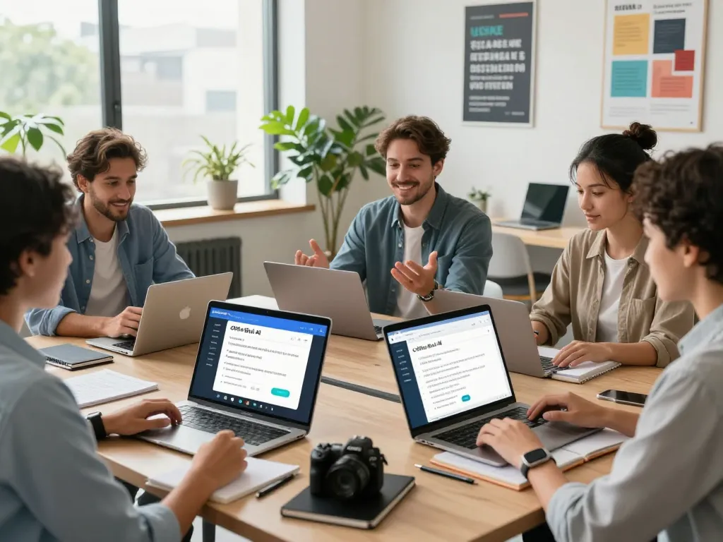 Engaged job seekers practicing with the Offer Bull AI interview tool in a modern workspace.