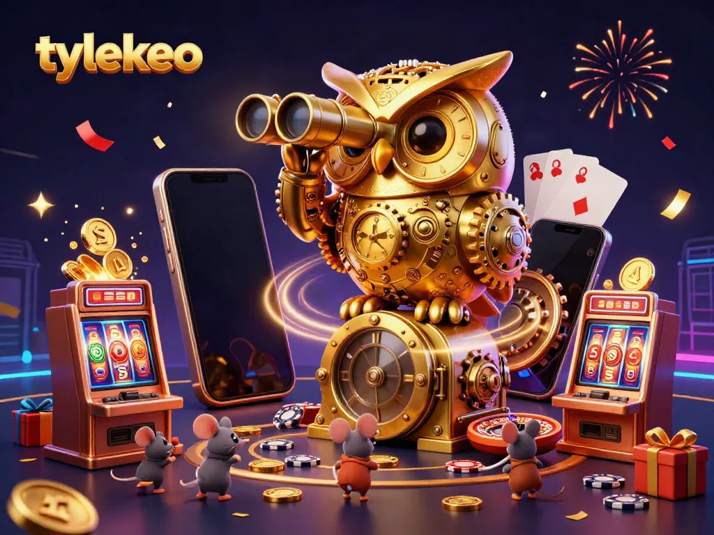 Experience thrilling casino action with tylekeo's vibrant 3D owl on a glowing vault surrounded by slot action.