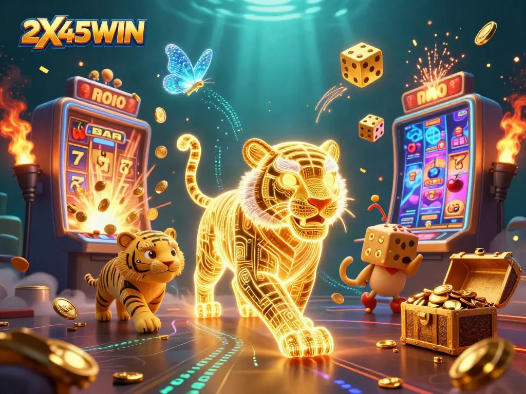 Menangkan jackpot di 2X45WIN dengan ilustrasi kasino yang megah dan penuh cahaya.