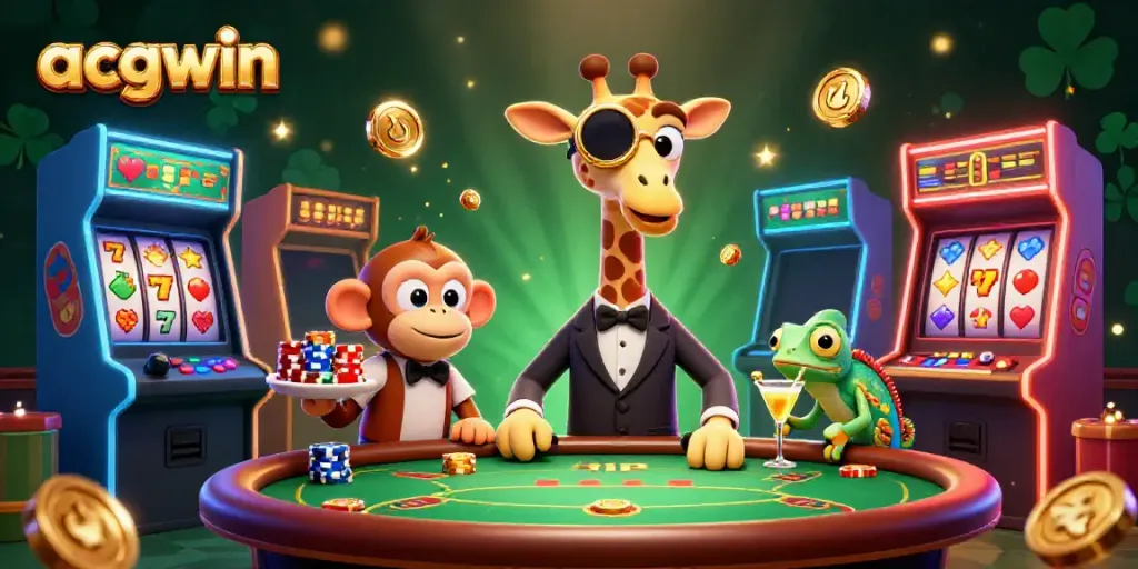Experience thrilling jackpot wins at acgwin in a vibrant 3D casino scene with playful characters.