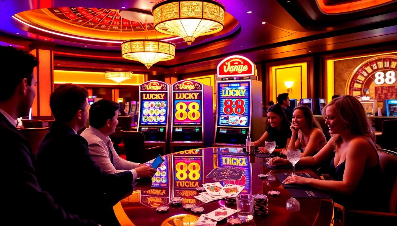 Players eagerly engage with the lucky 88 slot machine in a vibrant casino setting.