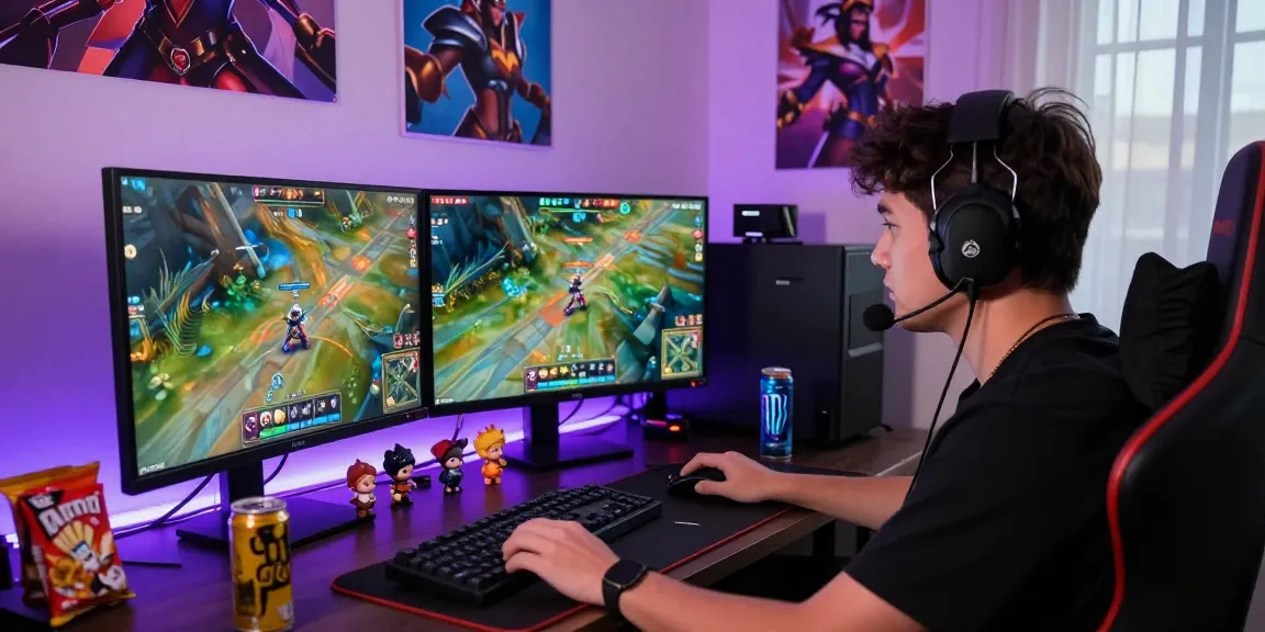 Overwatch 2 Hack gaming setup with focused player, dual monitors, and collectibles