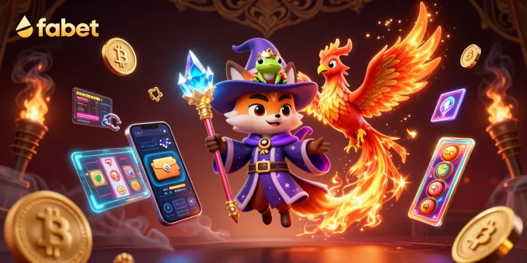 Engage with fabet's stunning casino magic featuring a wizard fox and vibrant slot symbols.