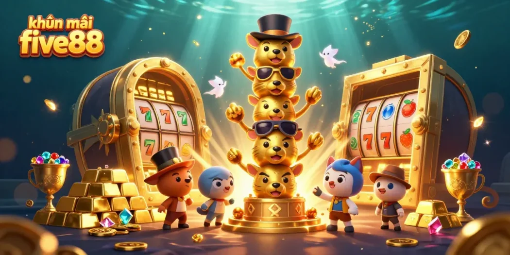 Engage with khuyến mãi five88 offers through this vibrant 3D casino illustration filled with treasures and gaming excitement.