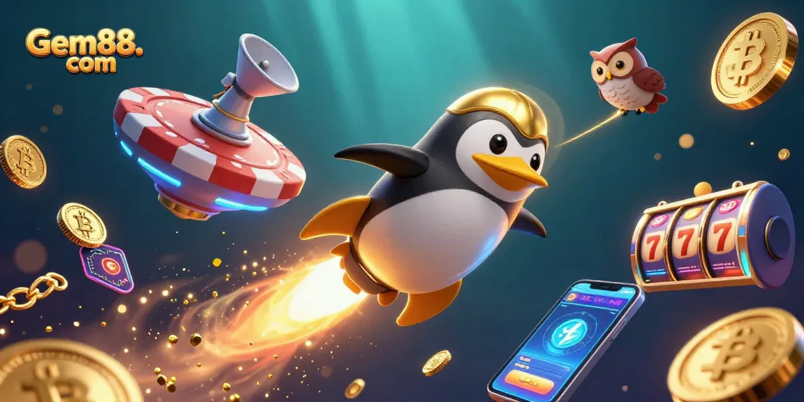 Experience thrilling gaming adventures at Gem88. com with a vibrant illustration of a golden penguin blasting towards a casino station.