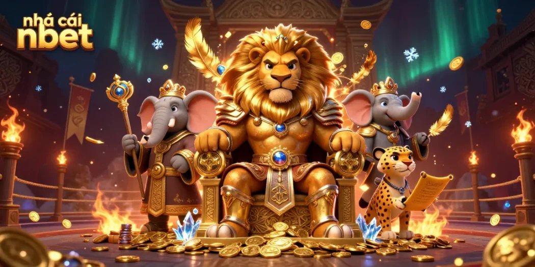 Engage with the captivating scene of nhà cái nbet featuring a lion king, elephant advisor, and cheetah messenger.