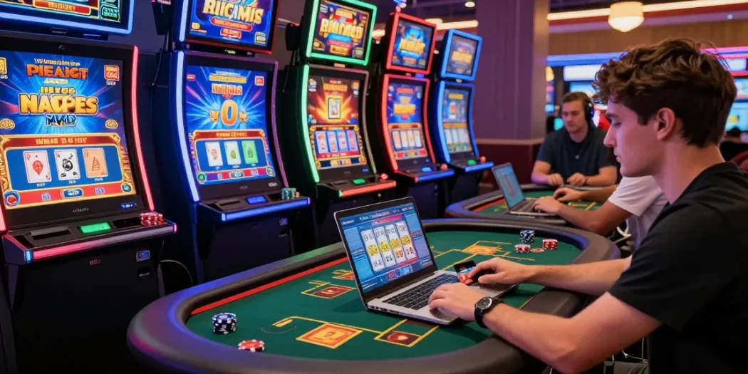 An engaging online casino gaming scene showcasing diverse players using credit cards for deposits at https://crownwoods.org.uk, surrounded by vibrant slot machines and colorful game graphics.
