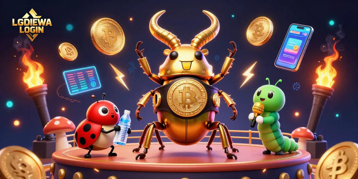Experience LGODEWA LOGIN with vibrant gaming action featuring a golden stag beetle and crypto elements.