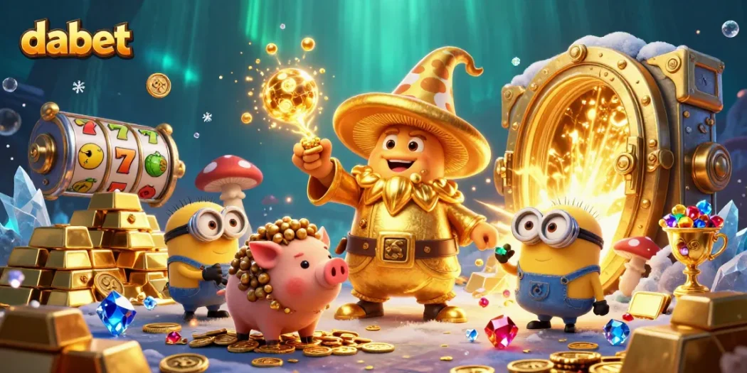 Experience winning moments with dabet's magical golden treasures in a vibrant casino scene.