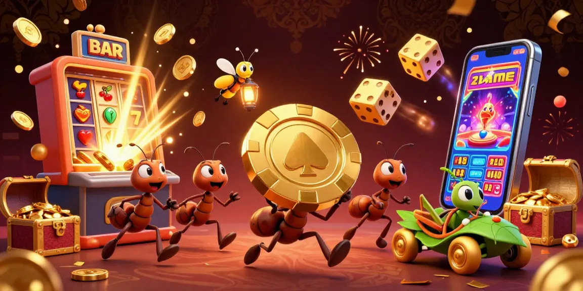 Socolive delivers a thrilling gaming experience with ants heisting a giant poker chip amidst casino elements.