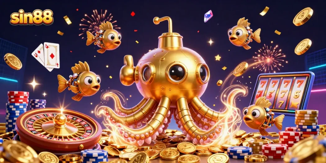 Enjoy dynamic gameplay with sin88, featuring a 3D golden kraken submarine among vibrant casino elements.