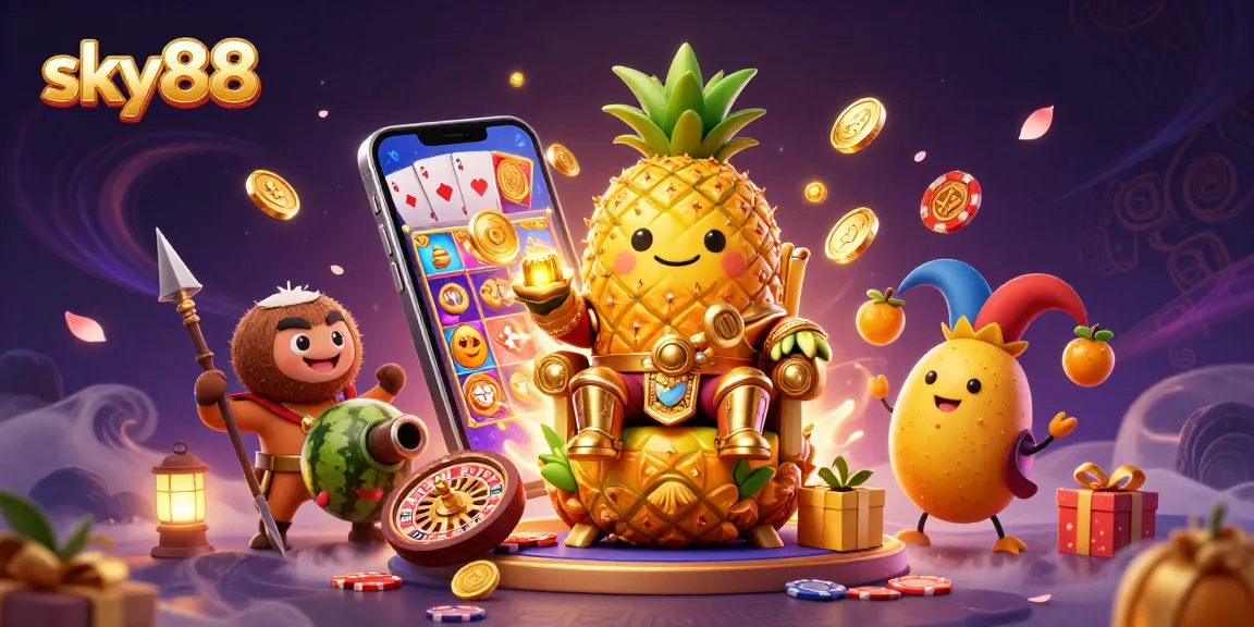 Engage with sky88's vibrant online casino world through a whimsical 3D illustration of a golden pineapple king surrounded by casino elements.