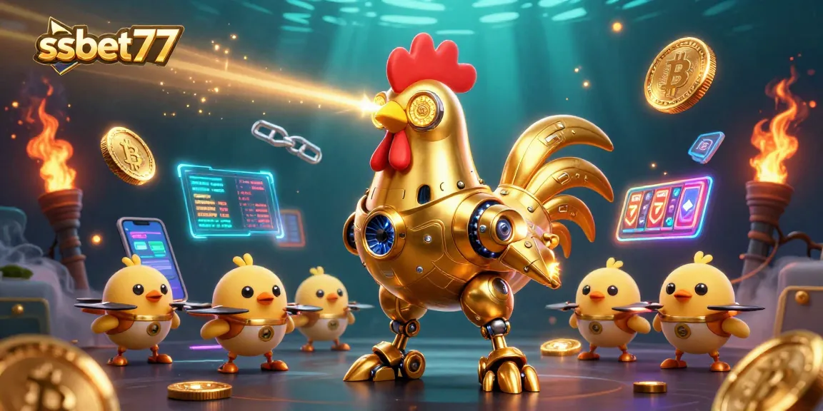 Engage in thrilling gameplay at ssbet77 with iconic golden rooster robot and crypto elements.