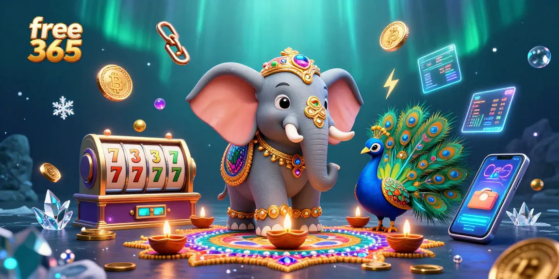 Engage with free credit 365 in this vibrant scene with casino elements and festive illustrations.