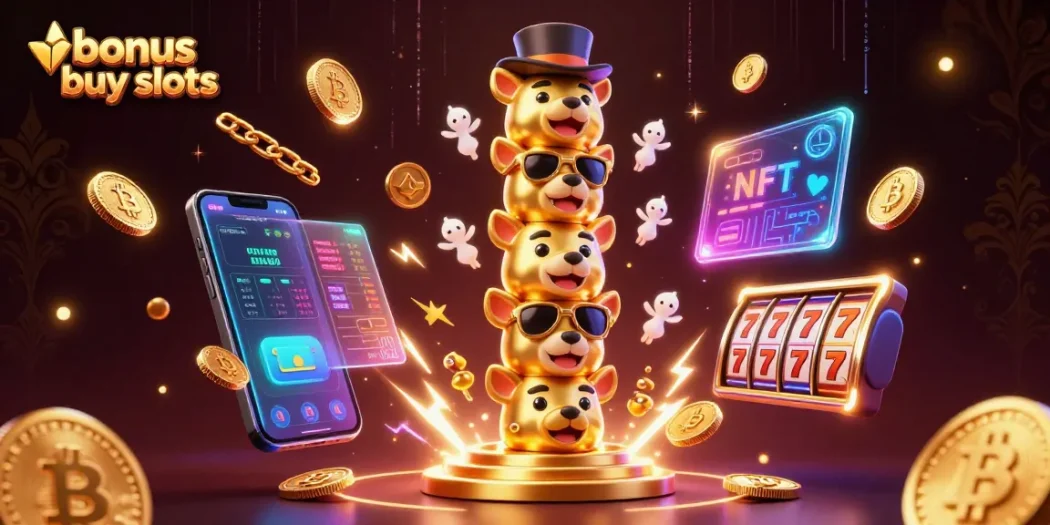 Experience thrilling bonus buy slots with animated totem pole and crypto-themed elements.