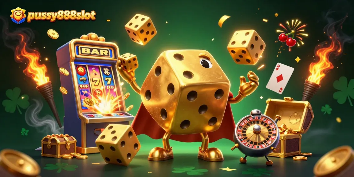 Experience the excitement of pussy888slot with this vibrant slot machine and golden dice scene.