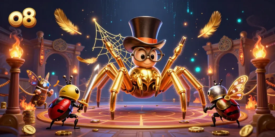 Bet on o8 as a golden tarantula weaves a web of fortune in a vibrant casino scene