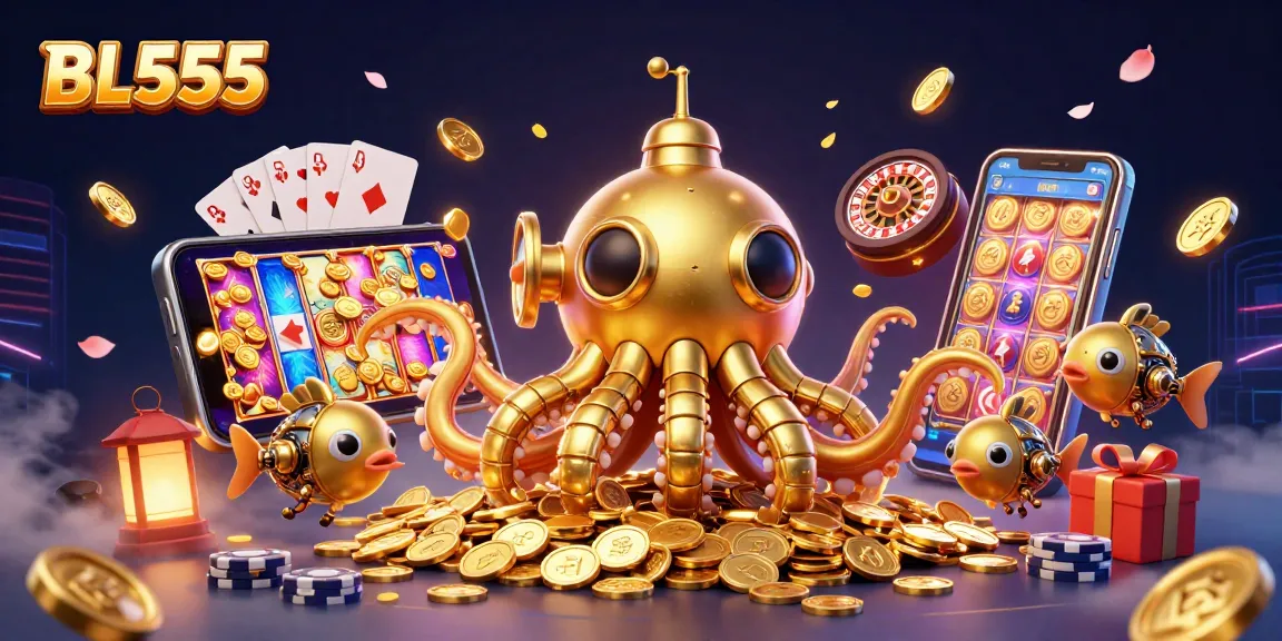 Experience thrilling wins with BL555 in this vibrant 3D casino scene featuring mechanical fish and golden coins.