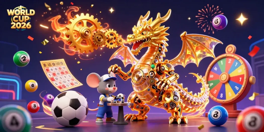 Join the excitement of WORLD CUP 2026 with dynamic sports bets and lottery games swirling around a golden dragon.