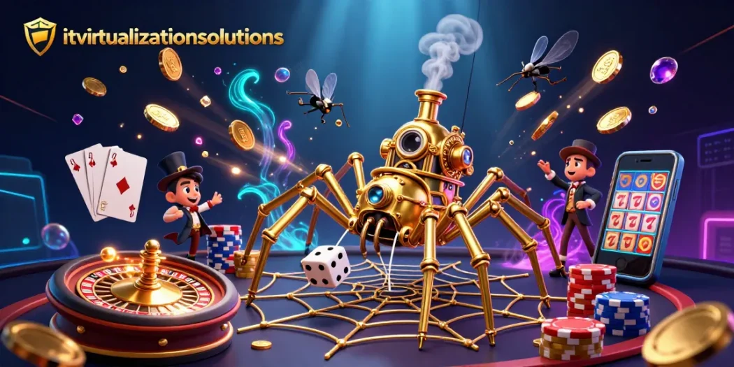 Experience thrilling gameplay with itvirtualizationsolutions in a vibrant casino scene full of golden coins and steampunk elements.