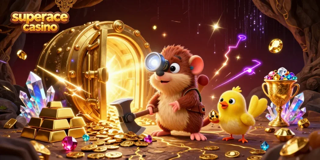 Engage with superace casino's rich treasures in a vibrant, animated 3D scene of luck and winnings.